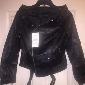 Off shoulder faux leather jacket